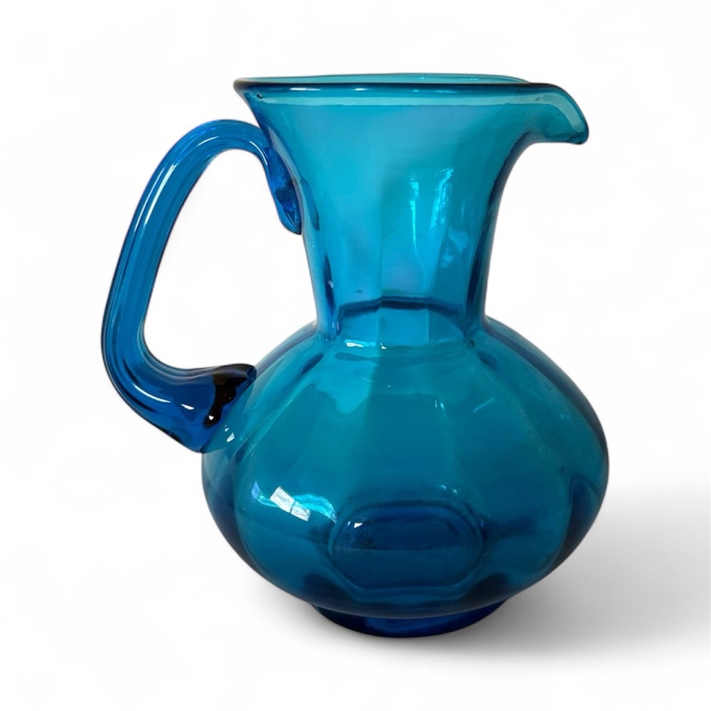 Mid-Century Turquoise Blue Blenko Glass Pitcher Style Vase w Reeded handle